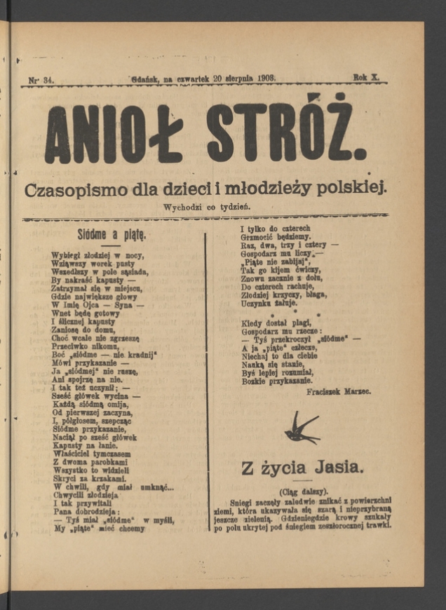 Anioł Str&oacute;ż&nbsp;: czasopismo dla&nbsp;dzieci i&nbsp;młodzieży polskiej. Rok 11, 1903, numer&nbsp;34