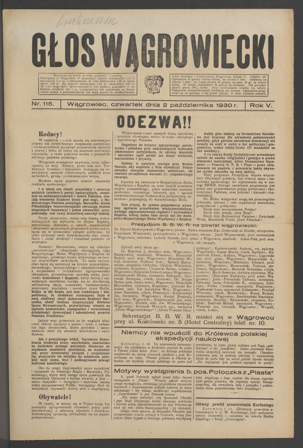 Głos Wągrowiecki. Rok&nbsp;5, 1930, numer&nbsp;115