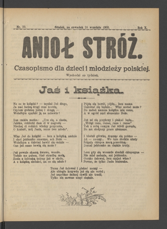Anioł Str&oacute;ż&nbsp;: czasopismo dla&nbsp;dzieci i&nbsp;młodzieży polskiej. Rok 11, 1903, numer&nbsp;39