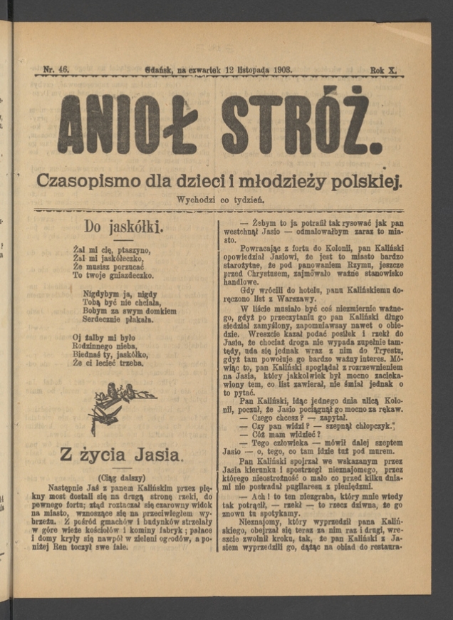 Anioł Str&oacute;ż&nbsp;: czasopismo dla&nbsp;dzieci i&nbsp;młodzieży polskiej. Rok 11, 1903, numer&nbsp;46
