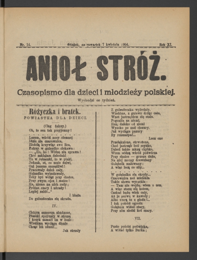 Anioł Str&oacute;ż&nbsp;: czasopismo dla&nbsp;dzieci i&nbsp;młodzieży polskiej. Rok 12, 1904, numer&nbsp;14