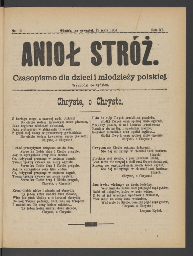 Anioł Str&oacute;ż&nbsp;: czasopismo dla&nbsp;dzieci i&nbsp;młodzieży polskiej. Rok 12, 1904, numer&nbsp;19
