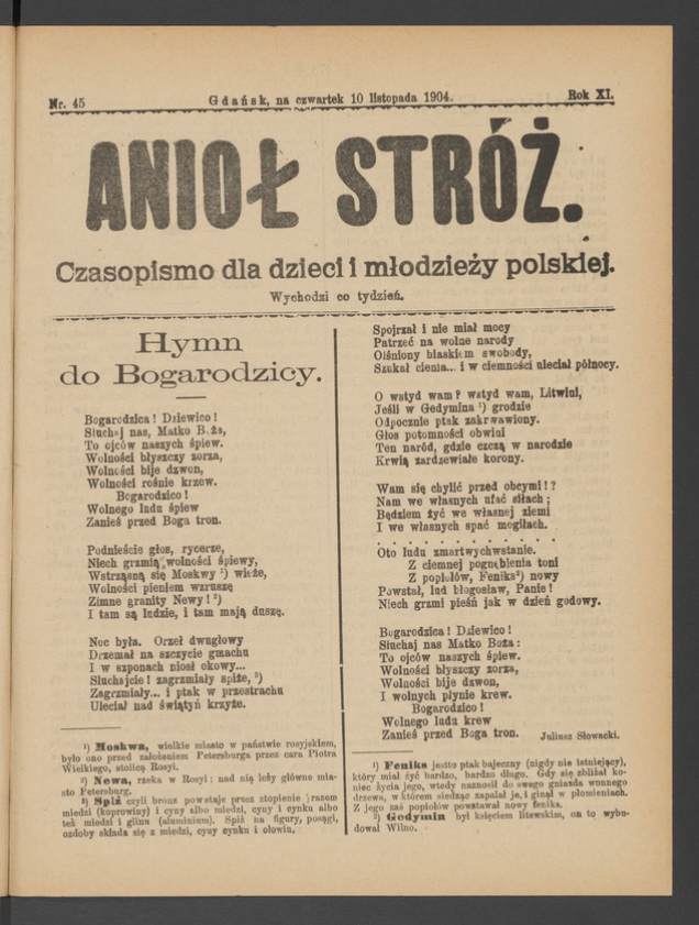 Anioł Str&oacute;ż&nbsp;: czasopismo dla&nbsp;dzieci i&nbsp;młodzieży polskiej. Rok 12, 1904, numer&nbsp;45