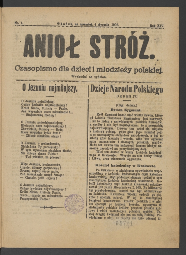 Anioł Str&oacute;ż&nbsp;: czasopismo dla&nbsp;dzieci i&nbsp;młodzieży polskiej. Rok 14, 1906, numer&nbsp;1