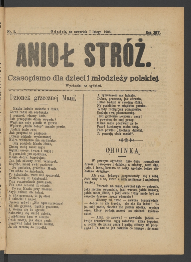 Anioł Str&oacute;ż&nbsp;: czasopismo dla&nbsp;dzieci i&nbsp;młodzieży polskiej. Rok 14, 1906, numer&nbsp;5