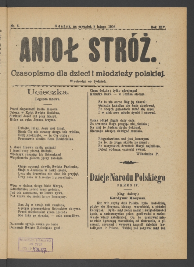 Anioł Str&oacute;ż&nbsp;: czasopismo dla&nbsp;dzieci i&nbsp;młodzieży polskiej. Rok 14, 1906, numer&nbsp;6