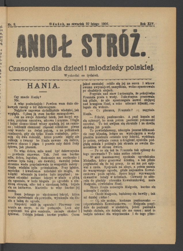 Anioł Str&oacute;ż&nbsp;: czasopismo dla&nbsp;dzieci i&nbsp;młodzieży polskiej. Rok 14, 1906, numer&nbsp;8