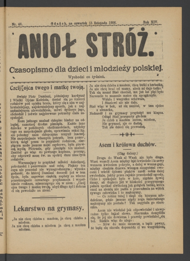 Anioł Str&oacute;ż&nbsp;: czasopismo dla&nbsp;dzieci i&nbsp;młodzieży polskiej. Rok 14, 1906, numer&nbsp;46