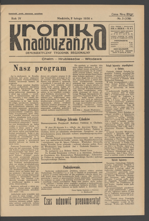 Kronika Nadbużańska&nbsp;: demokratyczny tygodnik regjonalny. Rok&nbsp;4, 1936, numer&nbsp;3