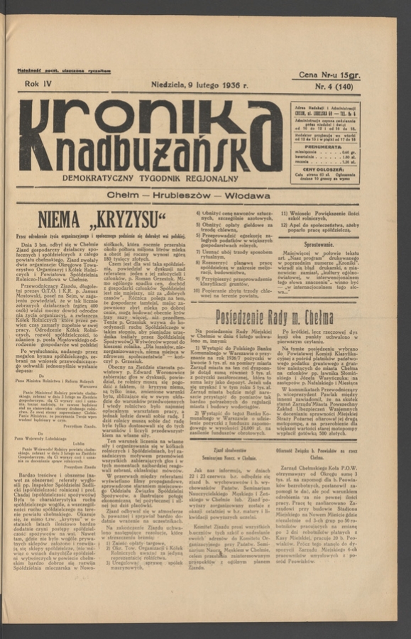 Kronika Nadbużańska&nbsp;: demokratyczny tygodnik regjonalny. Rok&nbsp;4, 1936, numer&nbsp;4