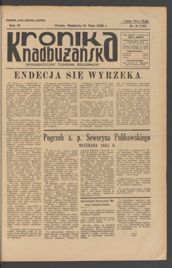 Kronika Nadbużańska&nbsp;: demokratyczny tygodnik regjonalny. Rok&nbsp;4, 1936, numer&nbsp;21