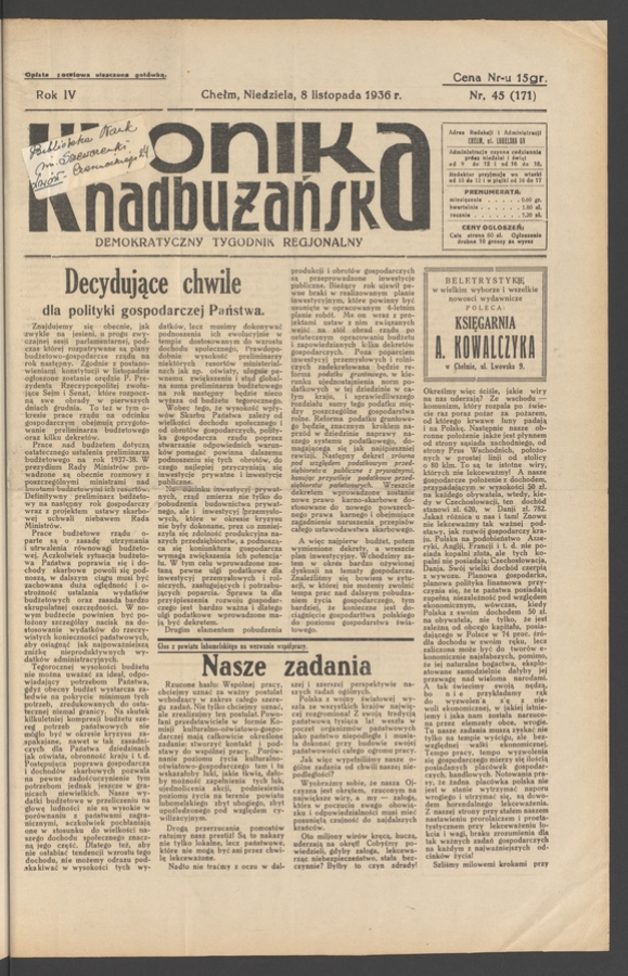 Kronika Nadbużańska&nbsp;: demokratyczny tygodnik regjonalny. Rok&nbsp;4, 1936, numer&nbsp;45