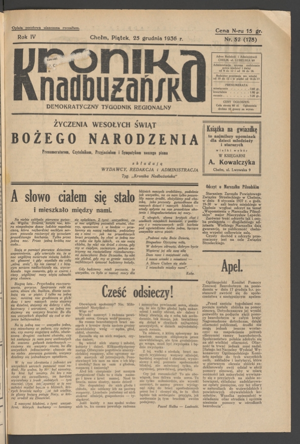 Kronika Nadbużańska&nbsp;: demokratyczny tygodnik regjonalny. Rok&nbsp;4, 1936, numer&nbsp;52