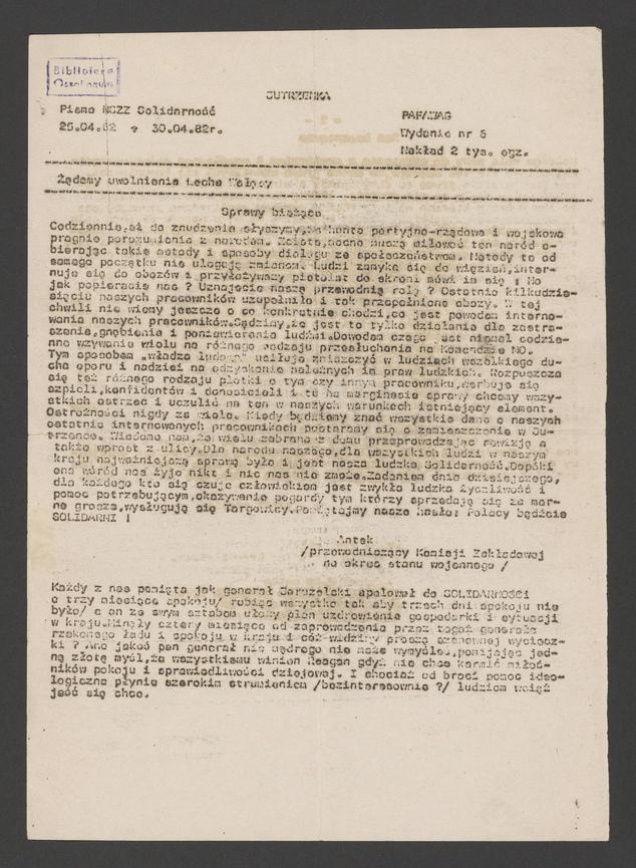 Jutrzenka&nbsp;: pismo NSZZ &bdquo;Solidarność&rdquo; Pafawag. 1982, numer&nbsp;6