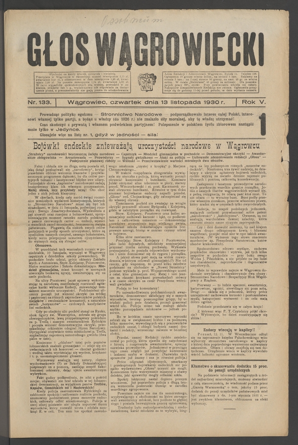 Głos Wągrowiecki. Rok&nbsp;5, 1930, numer&nbsp;133