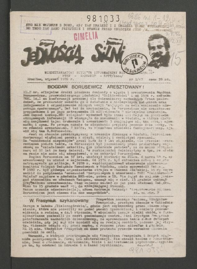 Jednością Silni&nbsp;: międzyzakładowy biuletyn informacyjny NSZZ &bdquo;Solidarność&rdquo; PTHW-Wrozamet-ZPUT (Inco). 1986, numer&nbsp;1&nbsp;(47)