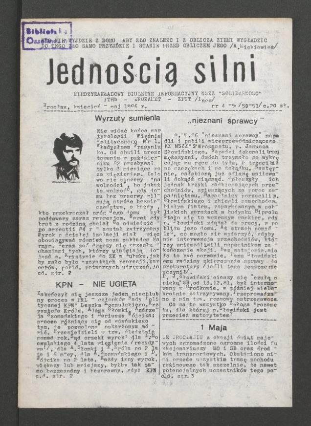 Jednością Silni&nbsp;: międzyzakładowy biuletyn informacyjny NSZZ &bdquo;Solidarność&rdquo; PTHW-Wrozamet-ZPUT (Inco). 1986, numer&nbsp;4-5&nbsp;(50-51)