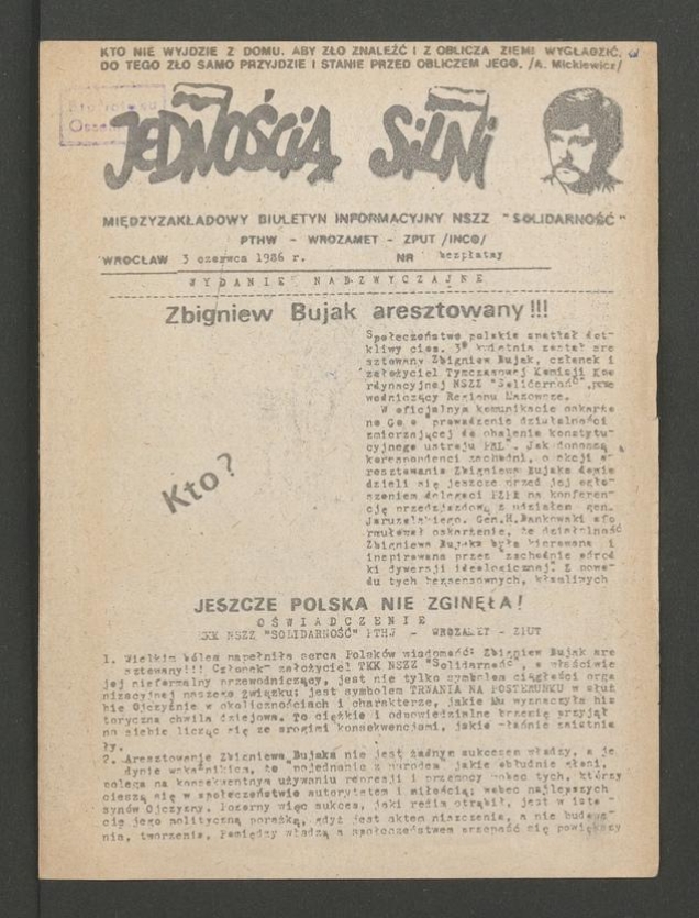 Jednością Silni&nbsp;: międzyzakładowy biuletyn informacyjny NSZZ &bdquo;Solidarność&rdquo; PTHW-Wrozamet-ZPUT (Inco). 1986, wydanie nadzwyczajne