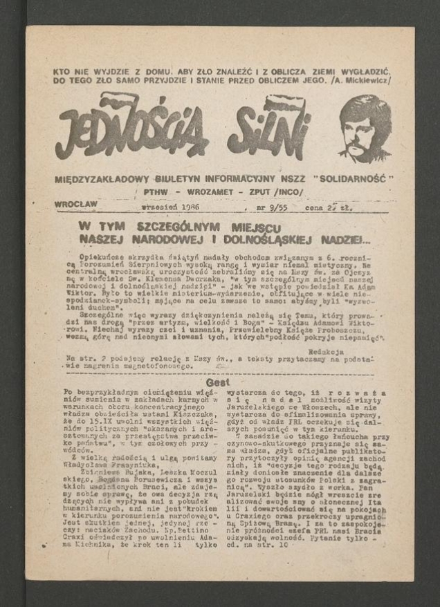 Jednością Silni&nbsp;: międzyzakładowy biuletyn informacyjny NSZZ &bdquo;Solidarność&rdquo; PTHW-Wrozamet-ZPUT (Inco). 1986, numer&nbsp;9&nbsp;(55)