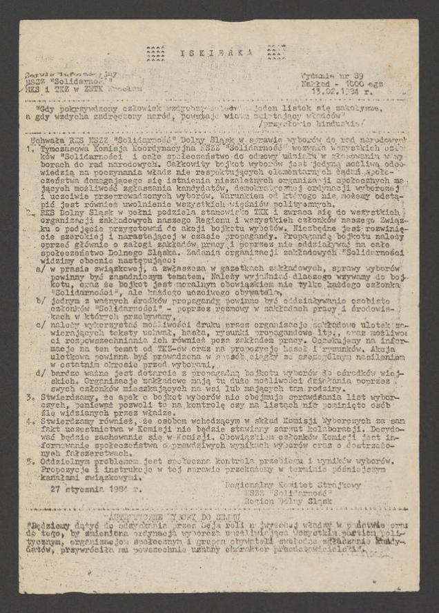Iskierka&nbsp;: serwis informacyjny NSZZ &bdquo;Solidarność&rdquo;. 1984, numer&nbsp;89