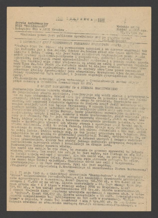 Iskierka&nbsp;: serwis informacyjny NSZZ &bdquo;Solidarność&rdquo;. 1984, numer&nbsp;96