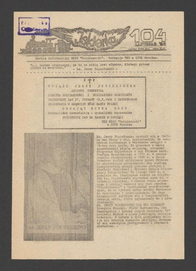 Iskierka&nbsp;: serwis informacyjny NSZZ &bdquo;Solidarność&rdquo;. 1984, numer&nbsp;104
