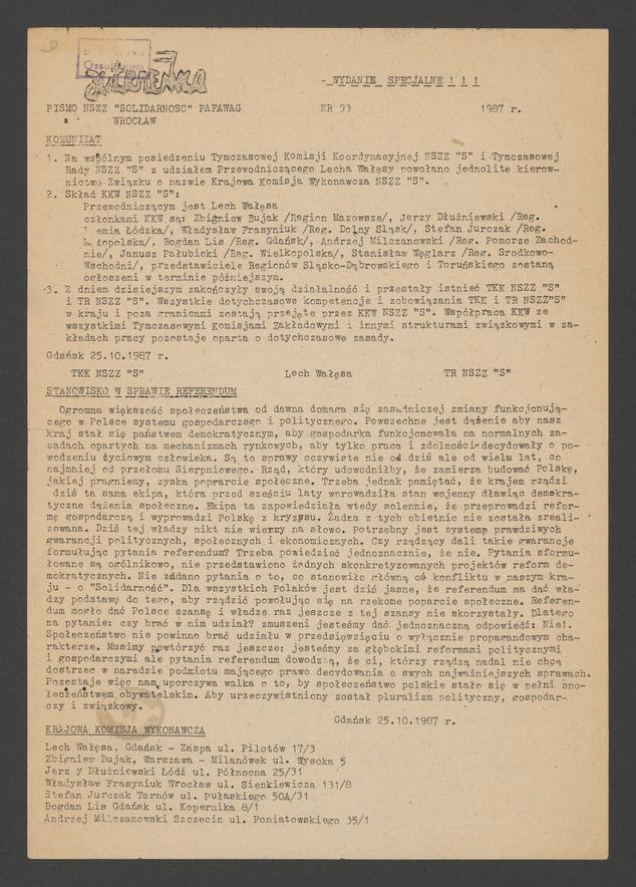 Jutrzenka&nbsp;: pismo NSZZ &bdquo;Solidarność&rdquo; Pafawag Wrocław. 1987, numer&nbsp;93 (wydanie specjalne)