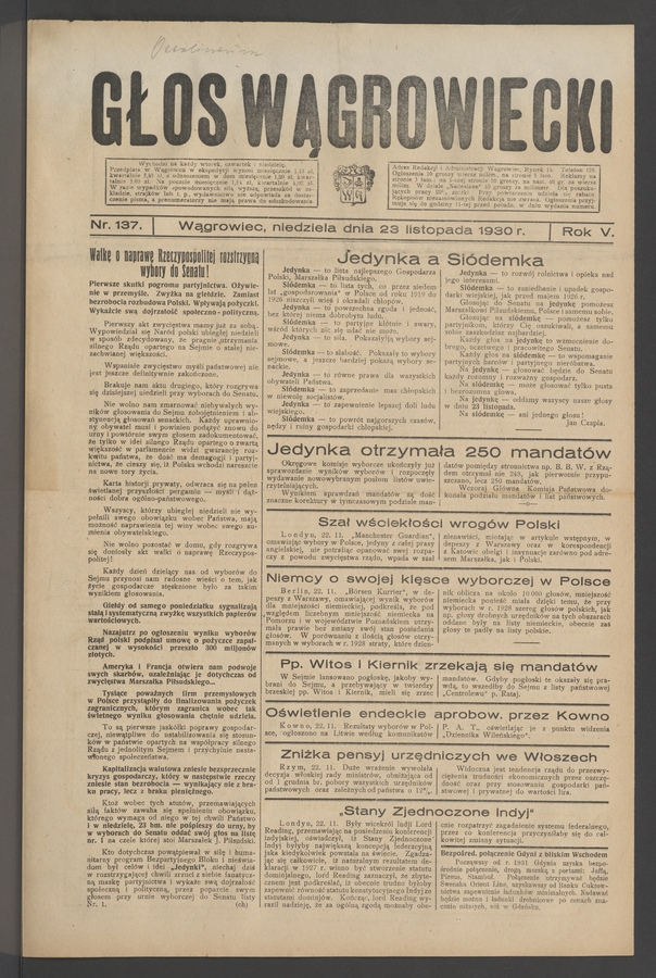 Głos Wągrowiecki. Rok&nbsp;5, 1930, numer&nbsp;137
