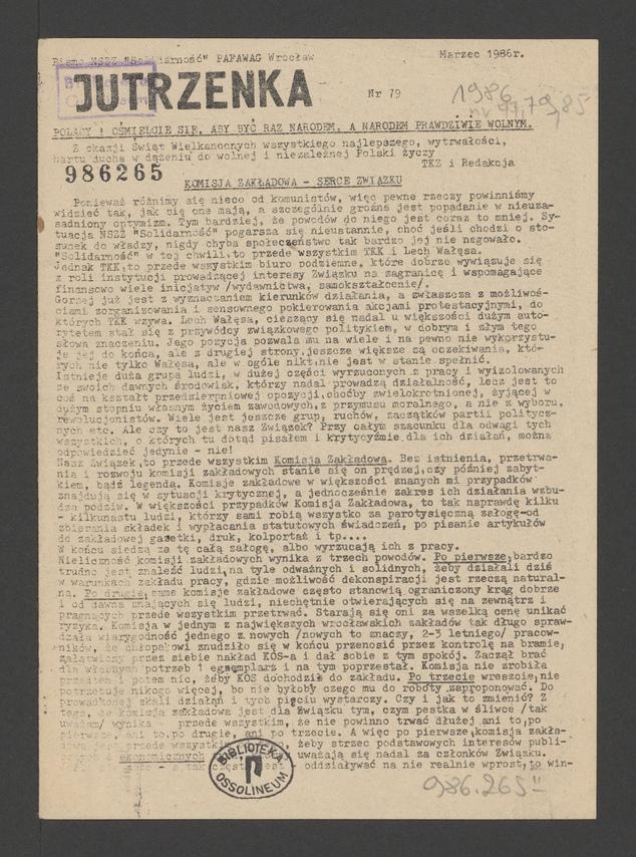 Jutrzenka&nbsp;: pismo NSZZ &bdquo;Solidarność&rdquo; Pafawag Wrocław. 1986, numer&nbsp;79