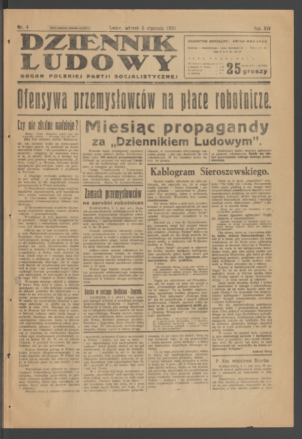Dziennik Ludowy&nbsp;: organ Polskiej Partji Socjalistycznej. Rok&nbsp;14, 1931, numer&nbsp;4