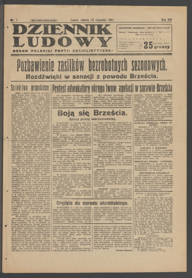 Dziennik Ludowy&nbsp;: organ Polskiej Partji Socjalistycznej. Rok&nbsp;14, 1931, numer&nbsp;7