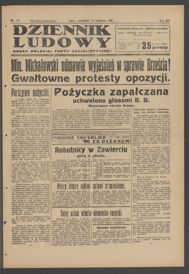 Dziennik Ludowy&nbsp;: organ Polskiej Partji Socjalistycznej. Rok&nbsp;14, 1931, numer&nbsp;14