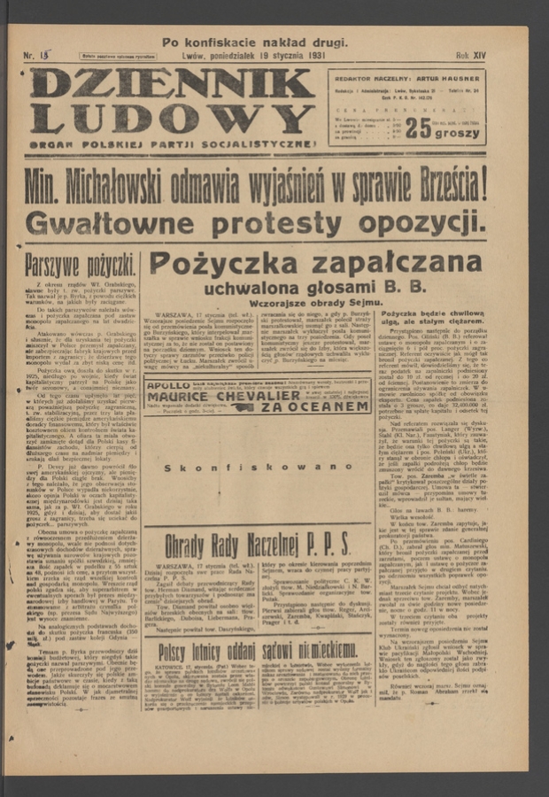 Dziennik Ludowy&nbsp;: organ Polskiej Partji Socjalistycznej. Rok&nbsp;14, 1931, numer&nbsp;14 (po&nbsp;konfiskacie nakład drugi)