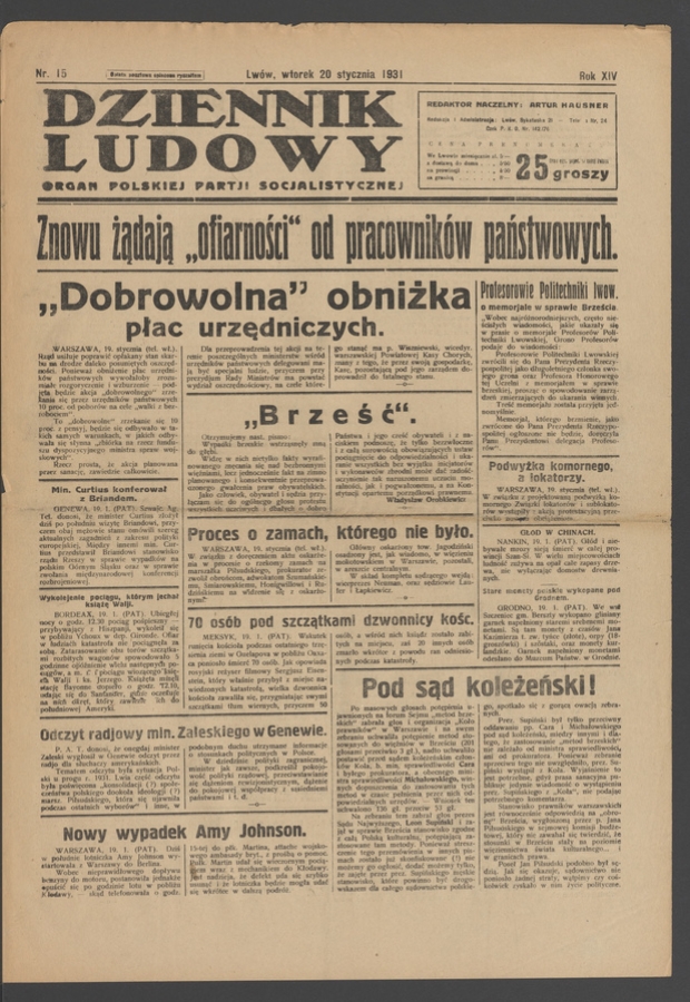 Dziennik Ludowy&nbsp;: organ Polskiej Partji Socjalistycznej. Rok&nbsp;14, 1931, numer&nbsp;15