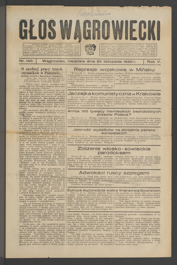 Głos Wągrowiecki. Rok&nbsp;5, 1930, numer&nbsp;140