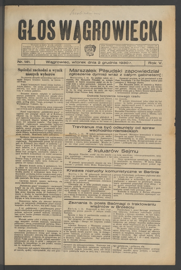 Głos Wągrowiecki. Rok&nbsp;5, 1930, numer&nbsp;141