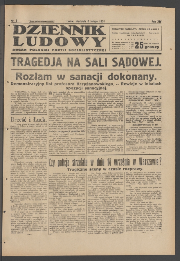 Dziennik Ludowy&nbsp;: organ Polskiej Partji Socjalistycznej. Rok&nbsp;14, 1931, numer&nbsp;31