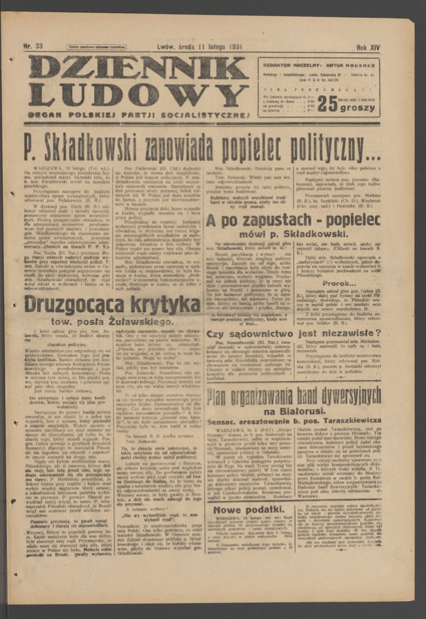 Dziennik Ludowy&nbsp;: organ Polskiej Partji Socjalistycznej. Rok&nbsp;14, 1931, numer&nbsp;33