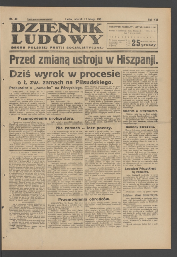 Dziennik Ludowy&nbsp;: organ Polskiej Partji Socjalistycznej. Rok&nbsp;14, 1931, numer&nbsp;38