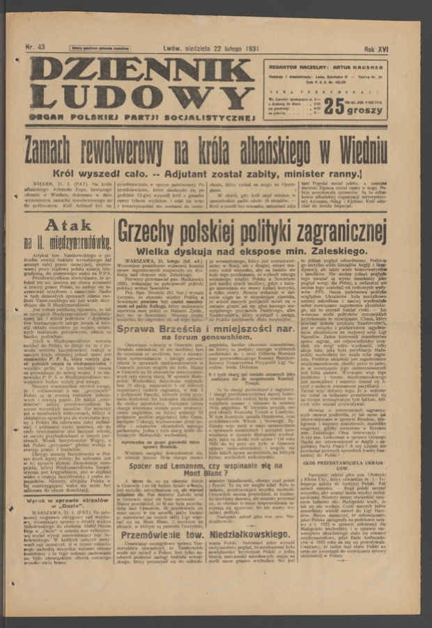 Dziennik Ludowy&nbsp;: organ Polskiej Partji Socjalistycznej. Rok&nbsp;14, 1931, numer&nbsp;43
