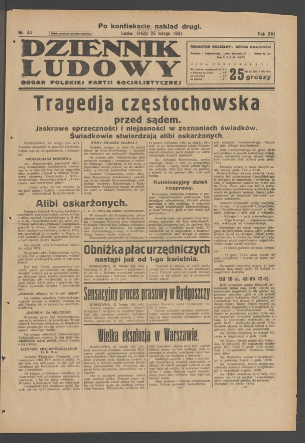 Dziennik Ludowy&nbsp;: organ Polskiej Partji Socjalistycznej. Rok&nbsp;14, 1931, numer&nbsp;44 (po&nbsp;konfiskacie nakład drugi)
