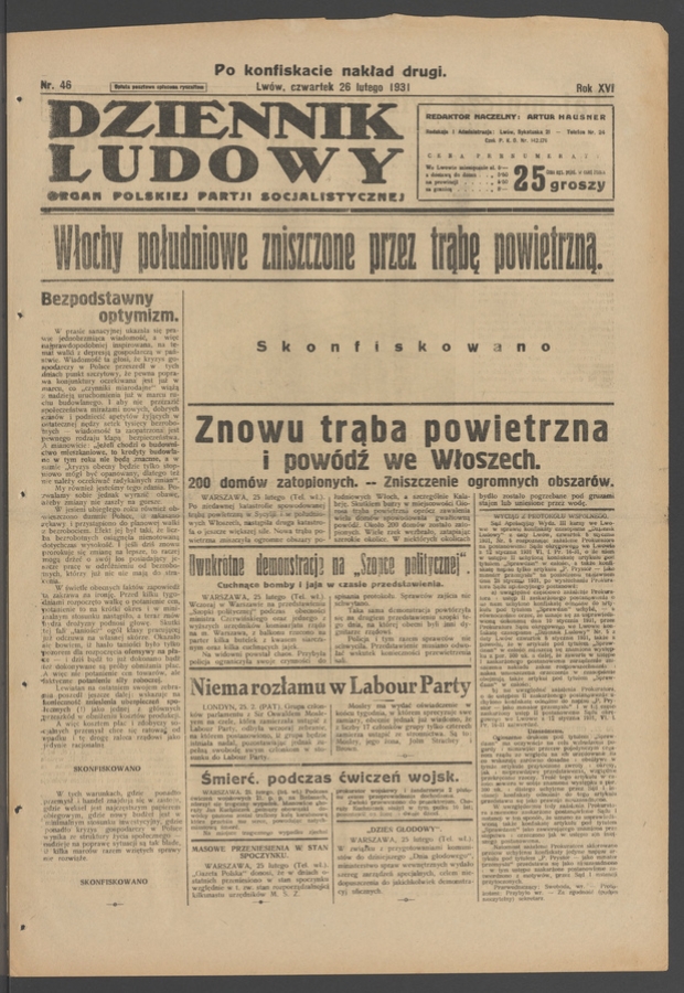 Dziennik Ludowy&nbsp;: organ Polskiej Partji Socjalistycznej. Rok&nbsp;14, 1931, numer&nbsp;46 (po&nbsp;konfiskacie nakład drugi)