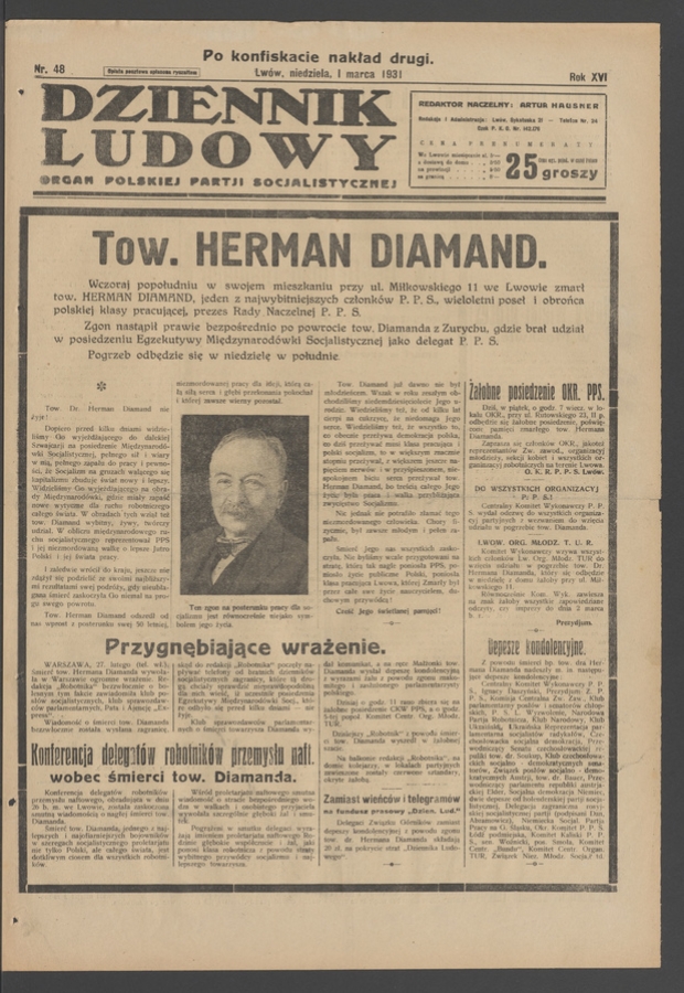Dziennik Ludowy&nbsp;: organ Polskiej Partji Socjalistycznej. Rok&nbsp;14, 1931, numer&nbsp;48 (po&nbsp;konfiskacie nakład drugi)