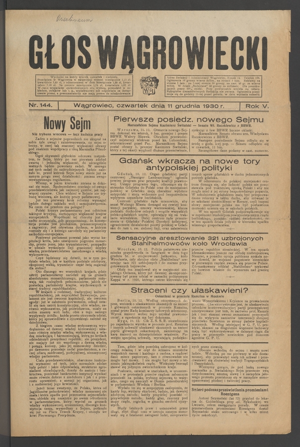 Głos Wągrowiecki. Rok&nbsp;5, 1930, numer&nbsp;144