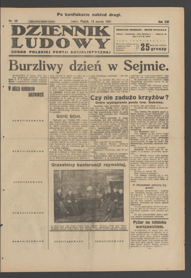 Dziennik Ludowy&nbsp;: organ Polskiej Partji Socjalistycznej. Rok&nbsp;14, 1931, numer&nbsp;58 (po&nbsp;konfiskacie nakład drugi)