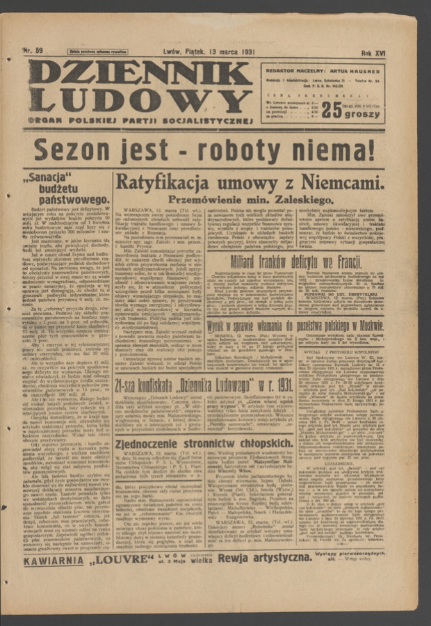Dziennik Ludowy&nbsp;: organ Polskiej Partji Socjalistycznej. Rok&nbsp;14, 1931, numer&nbsp;59