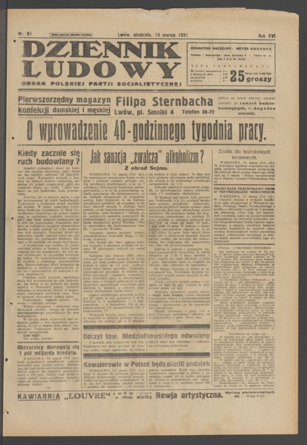 Dziennik Ludowy&nbsp;: organ Polskiej Partji Socjalistycznej. Rok&nbsp;14, 1931, numer&nbsp;61