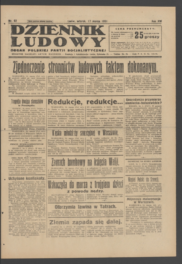Dziennik Ludowy&nbsp;: organ Polskiej Partji Socjalistycznej. Rok&nbsp;14, 1931, numer&nbsp;62