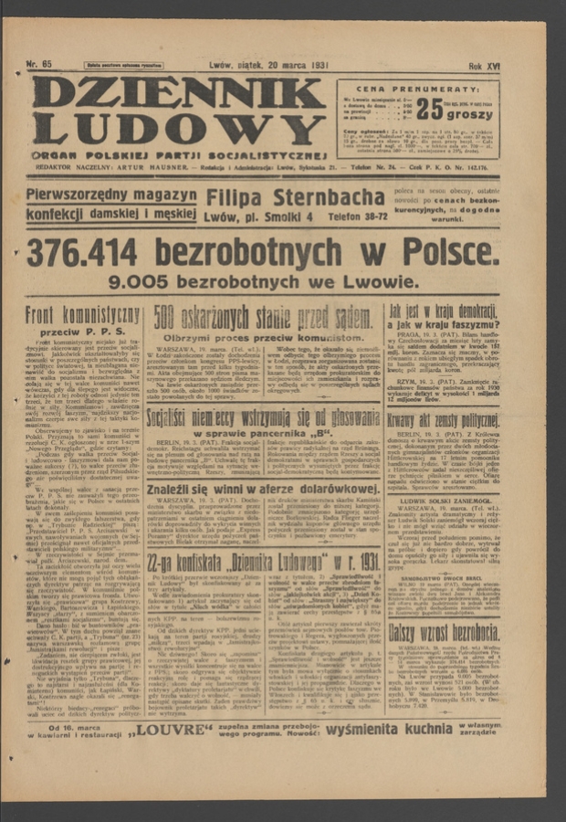 Dziennik Ludowy&nbsp;: organ Polskiej Partji Socjalistycznej. Rok&nbsp;14, 1931, numer&nbsp;65