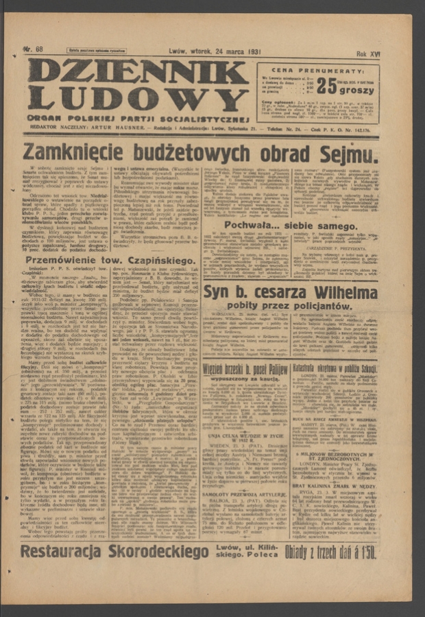 Dziennik Ludowy&nbsp;: organ Polskiej Partji Socjalistycznej. Rok&nbsp;14, 1931, numer&nbsp;68